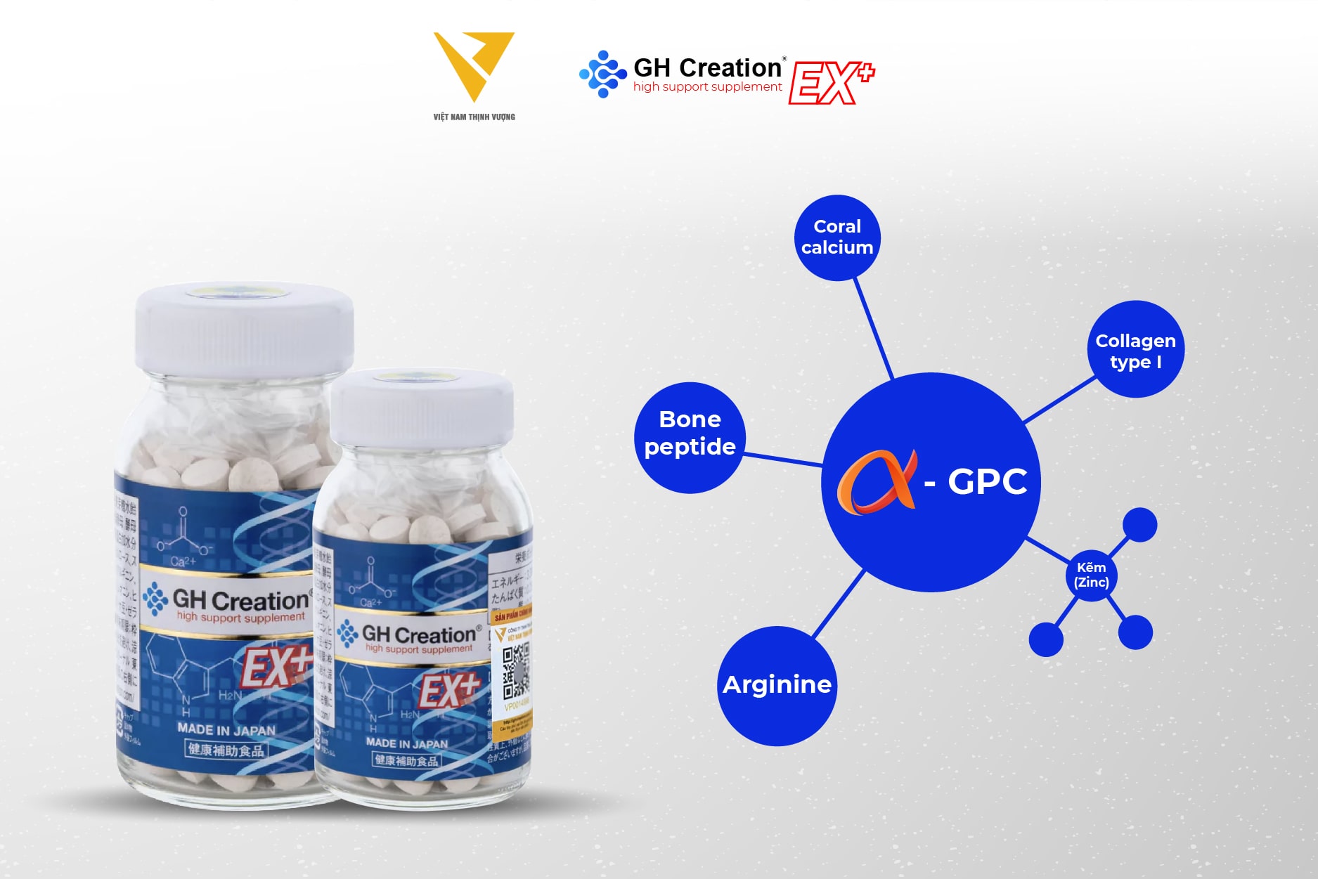 Các thành phần nổi bật của GH Creation EX+ như Alpha-GPC, Arginine, Bone Peptide, Canxi san hô…đều hỗ trợ cơ thể tăng chiều cao tự nhiên Các thành phần nổi bật của GH Creation EX+ như Alpha-GPC, Arginine, Bone Peptide, Canxi san hô…đều hỗ trợ cơ thể tăng chiều cao tự nhiên